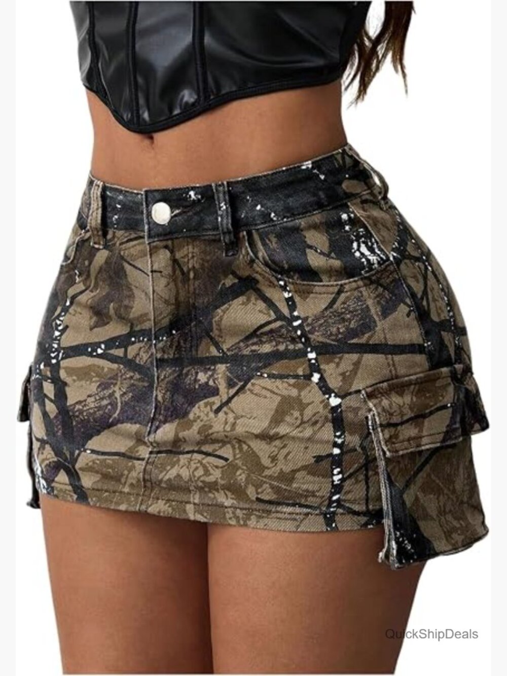 Y2k Camo Print Mini Cargo Skirt Low Rise Bodycon with Flap Pockets
